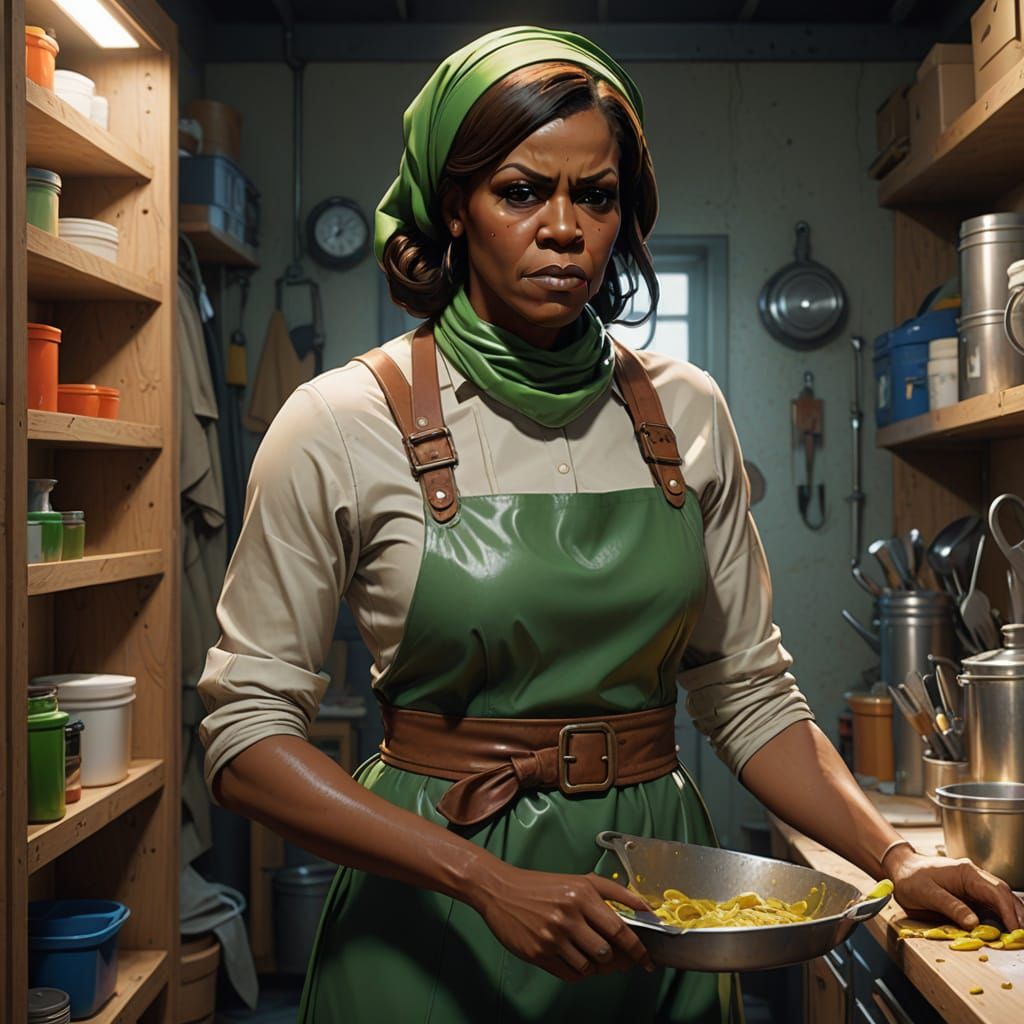 Tired Charwoman in a Green Apron, Inspired by Art Nouveau