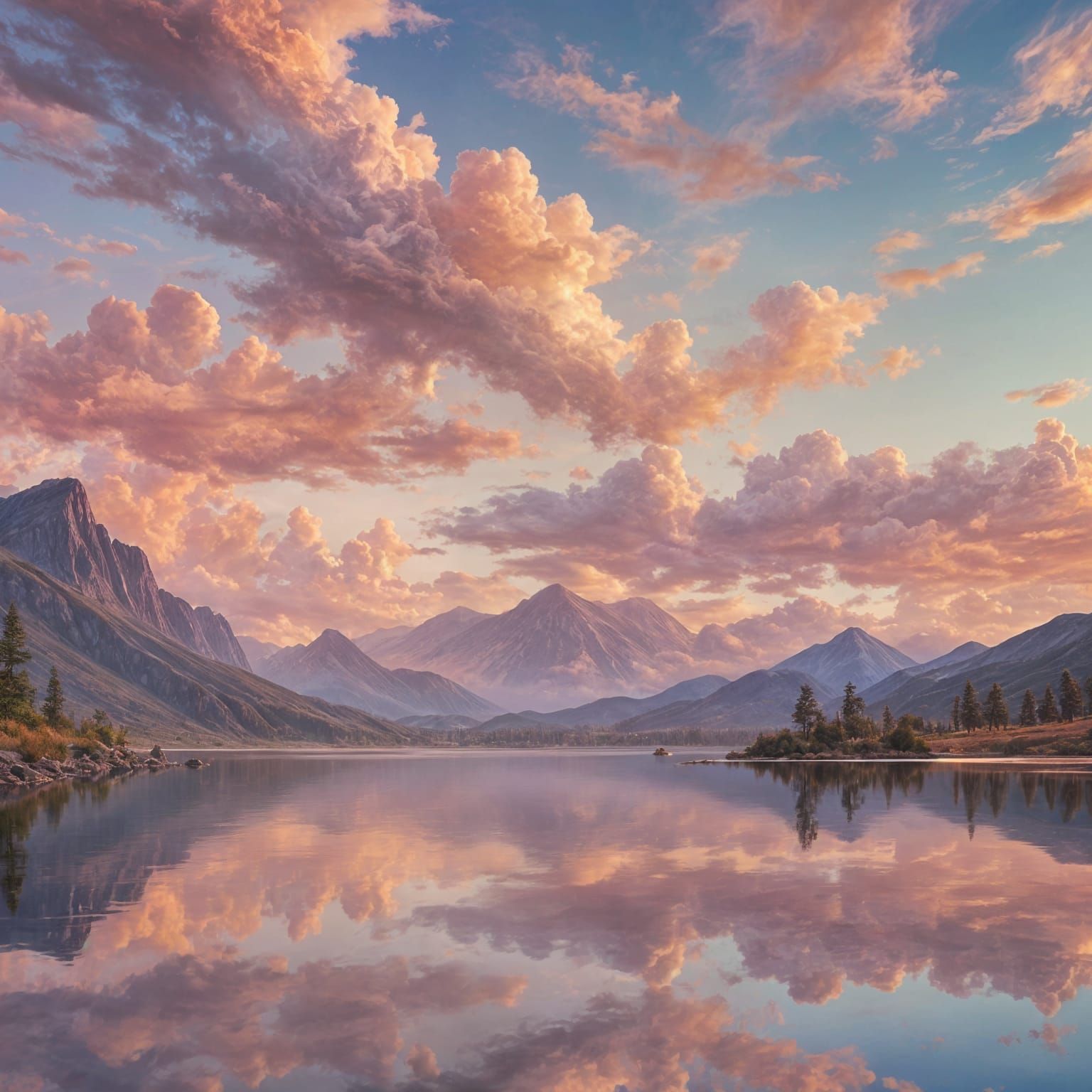 Ethereal Sunrise Reflection: Mountain Lake Oil Painting
