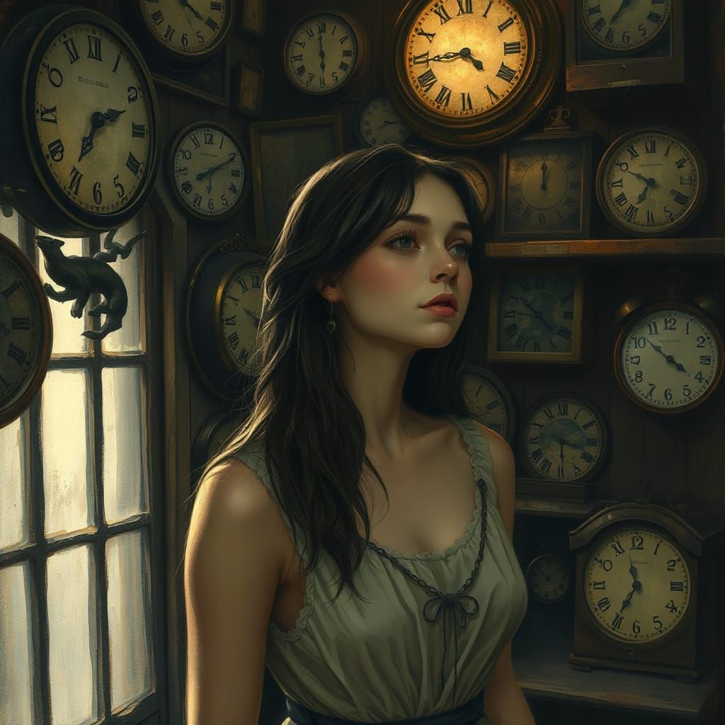 Contemplative Woman in Antique Shop with Clock Faces