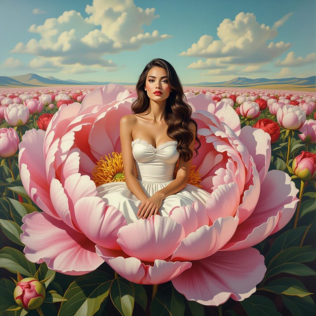 Pretty Woman in Giant Peony Garden, Surrealist Style