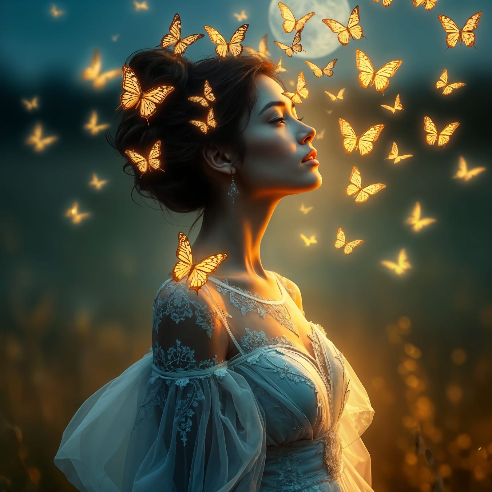 Surreal Woman in Twilight Meadow with Glowing Butterflies