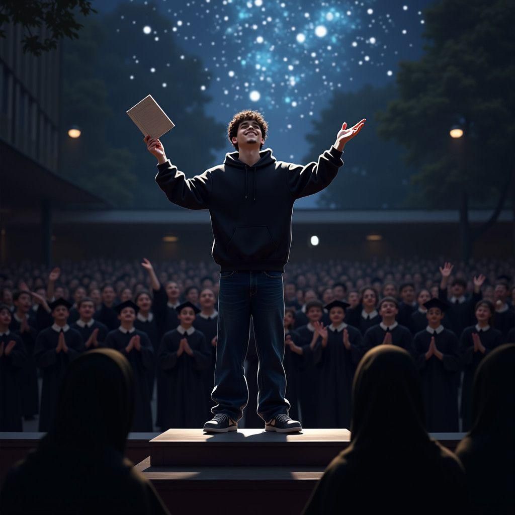 Student Celebrates Graduation Under Starry Sky