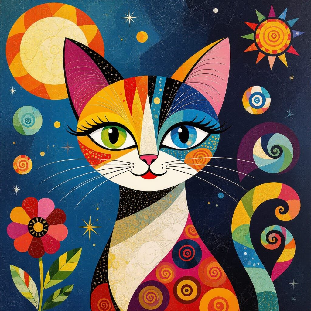 Kandinsky & Chagall Style Cats with Many Eyes