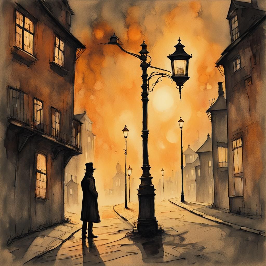 Man on Steampunk Street: European Ink Painting
