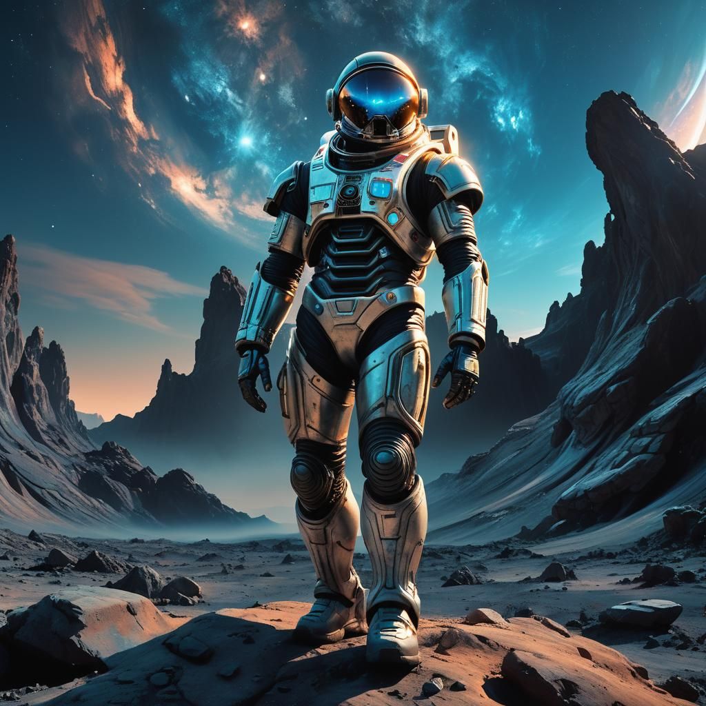 Astronaut on Barren Planet with Nebula Background