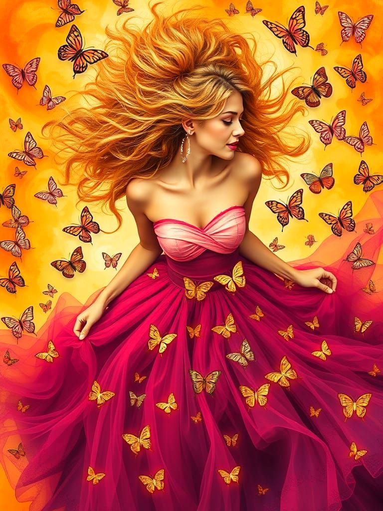 Dreamlike Whirlwind of Butterflies Surrounds Elegant Woman i...