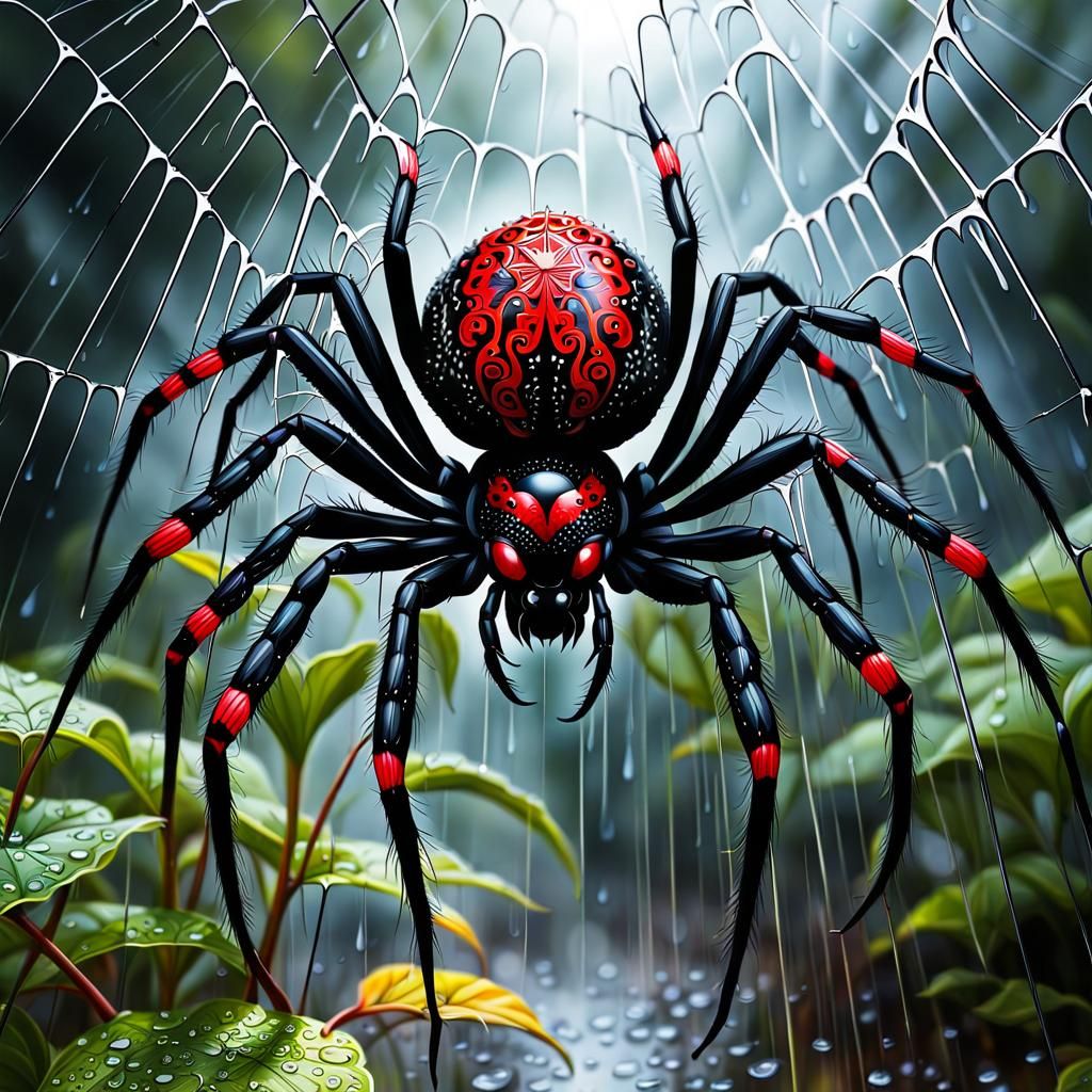 Ornate Black Spider in Rainy Sunlight: Hyperdetailed Art