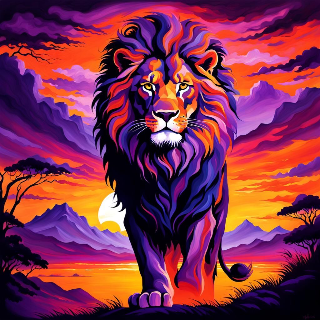 Majestic Lion Silhouette Painting at Sunset