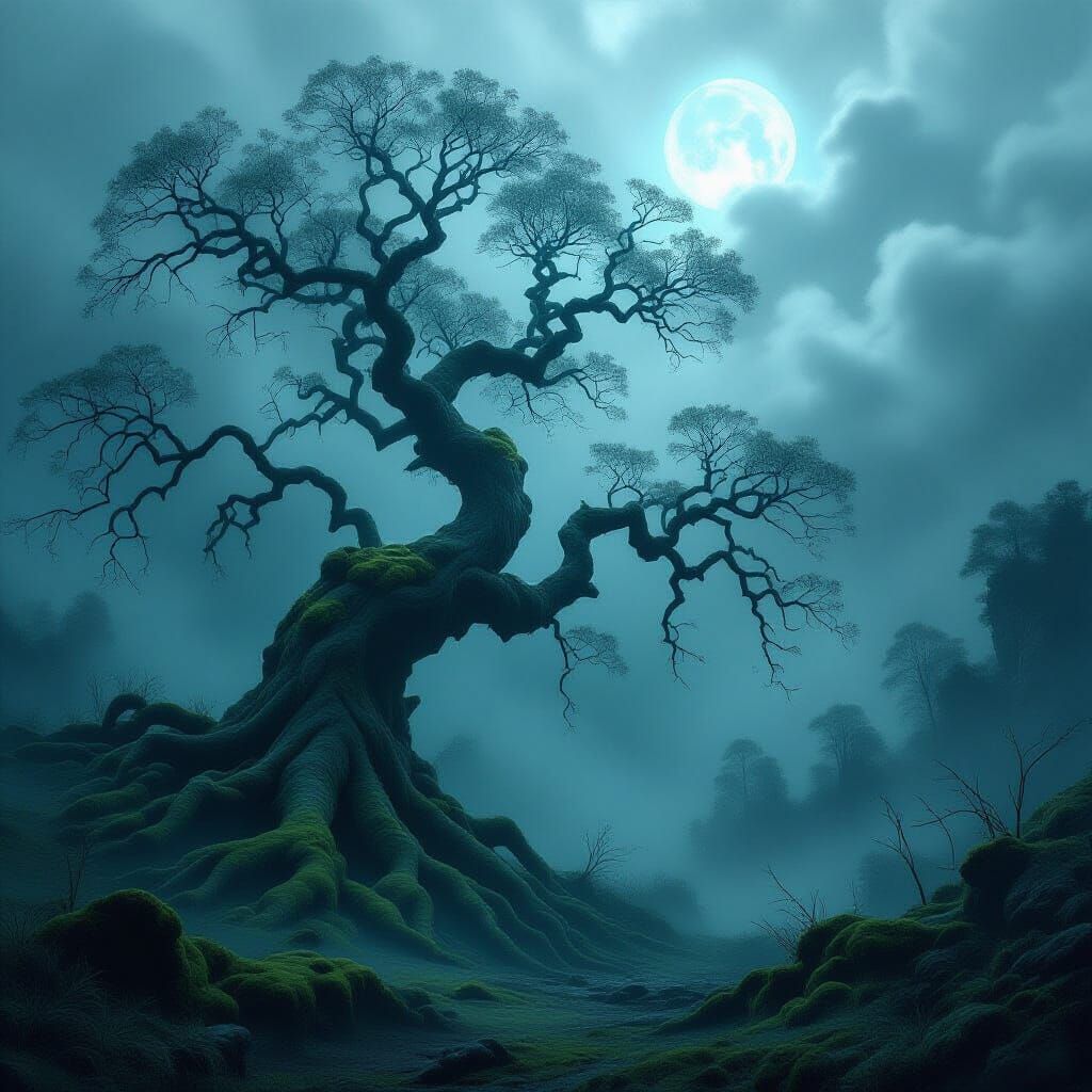 Ancient Tree in Ethereal Forest of Mist