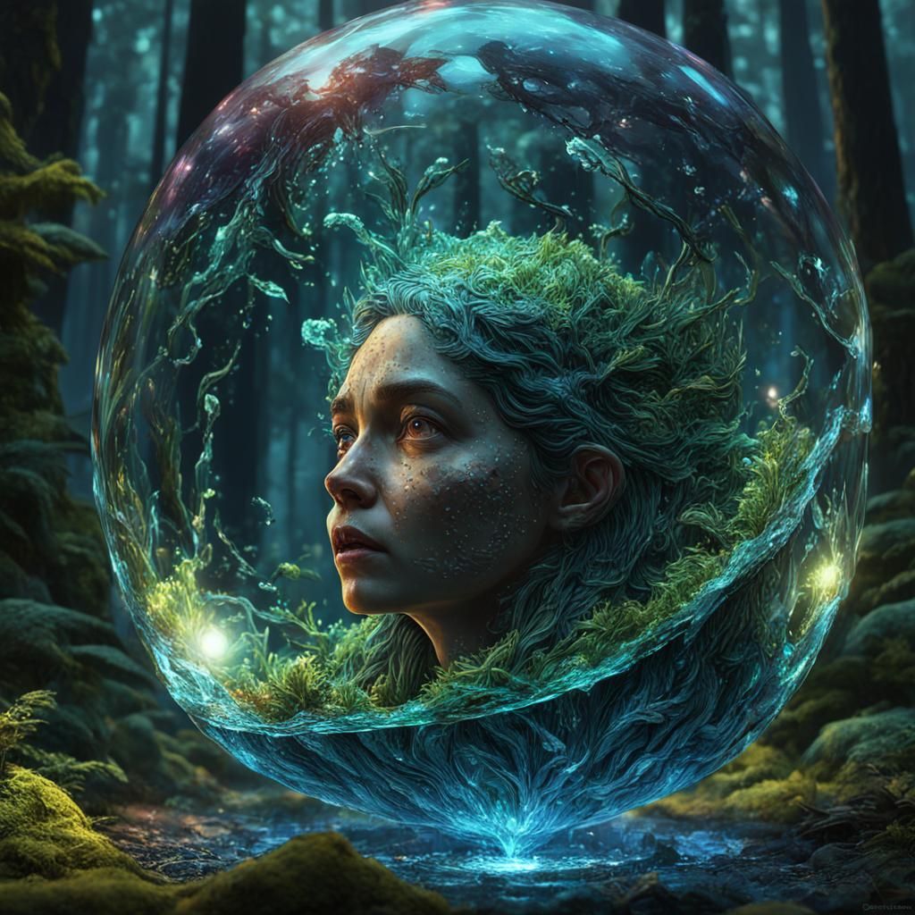 Crystal Glass in Night Forest: Hyperrealistic Splash Art