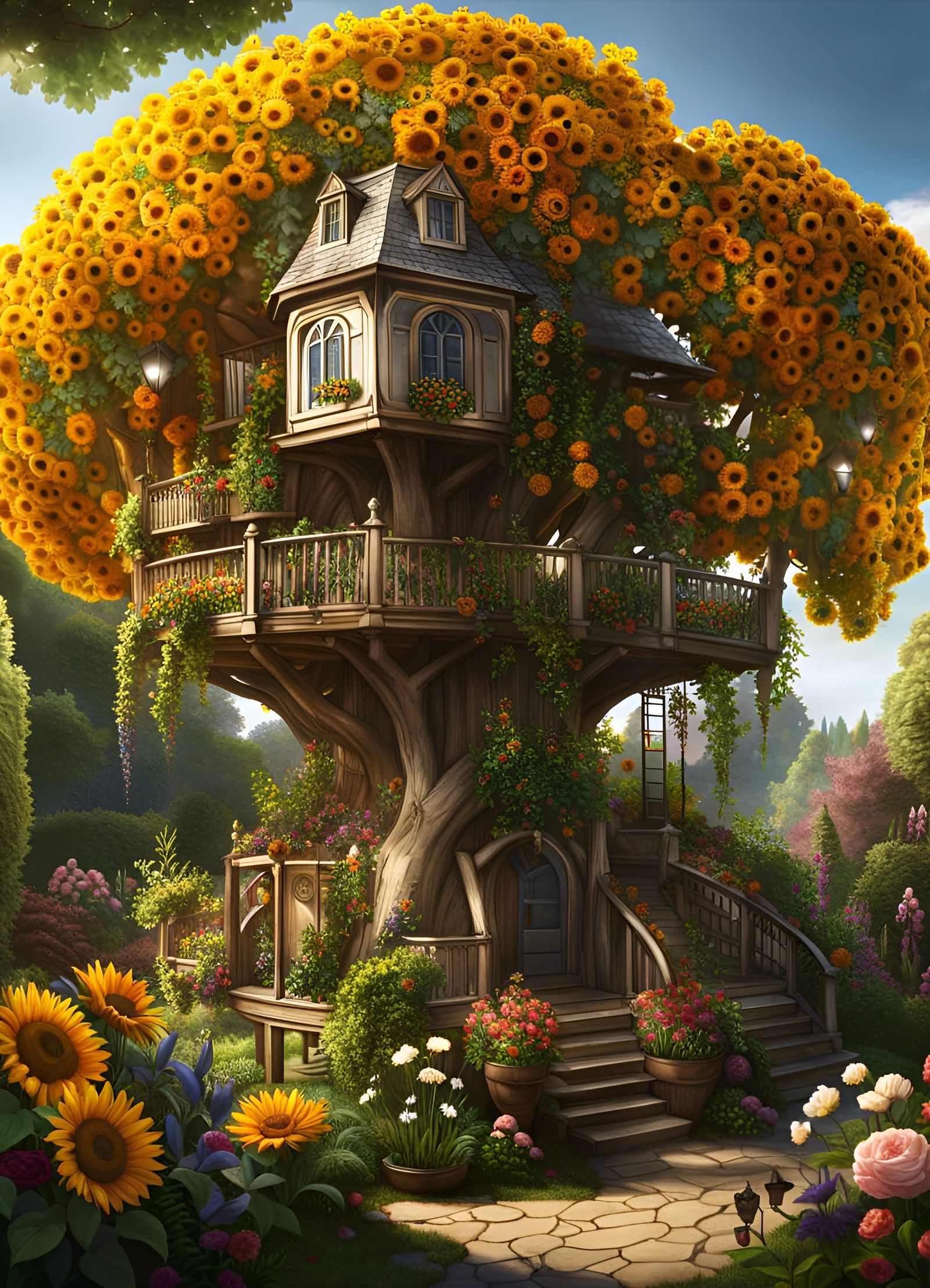 Flowery Treehouse in English Garden, Hyperrealistic Art
