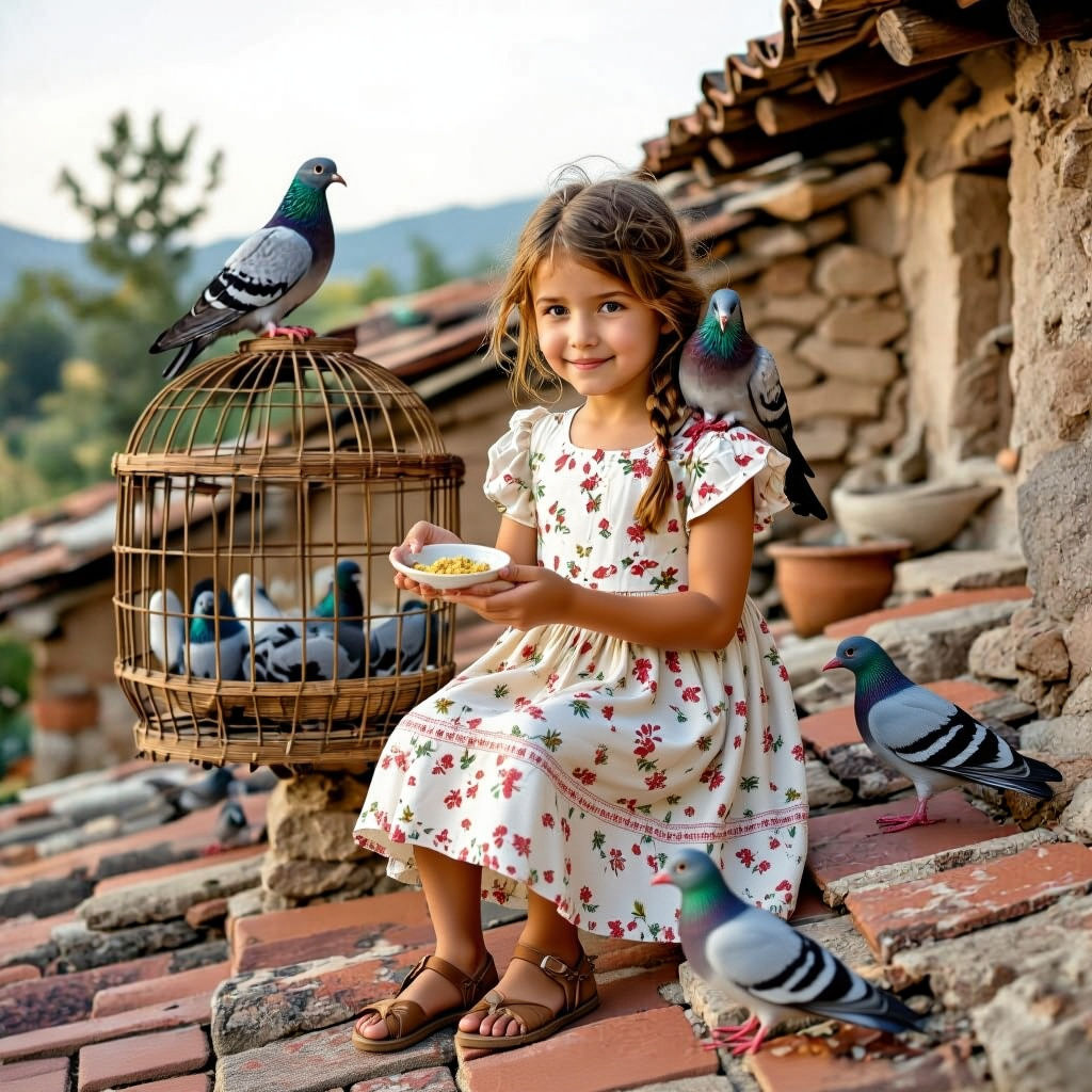 Village Girl Feeds Pigeons on Rooftop