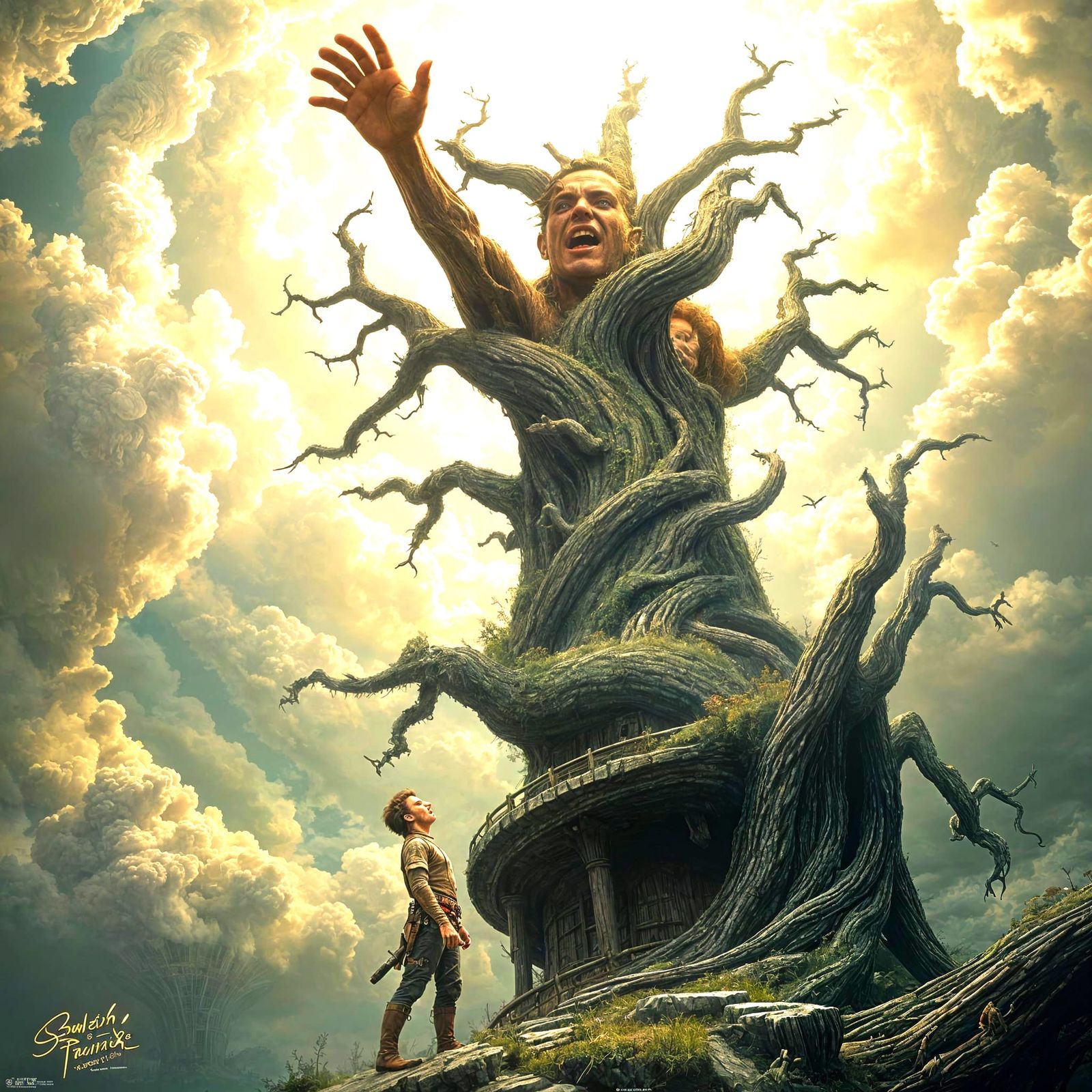 Mythical portrayal of Jack and the epic huge Beanstalk Treehouse that is seen from low angle, with Jack at the bottom.