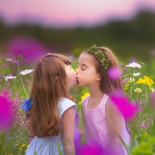 Girls Kissing in Field of Flowers