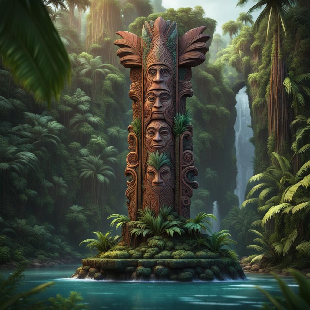 Tahitian Totem Sculpture in Jungle Landscape