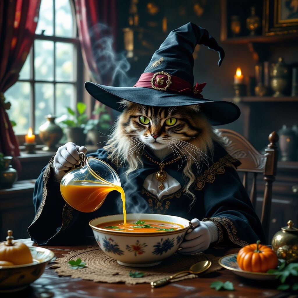 Witch's Cat Mixes Potion in Soup, Dramatic Digital Painting