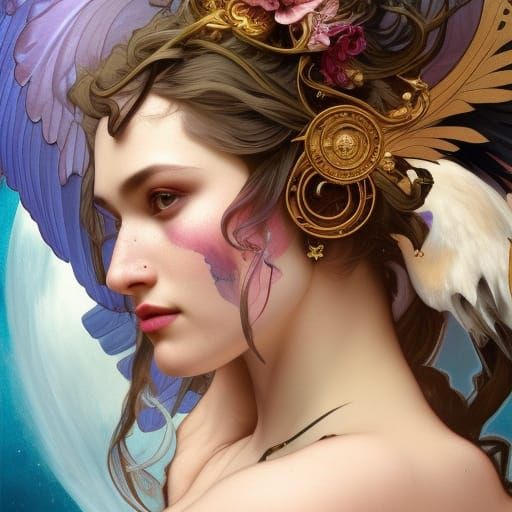 Sagittarius Woman with Crow Wings, Detailed Portrait