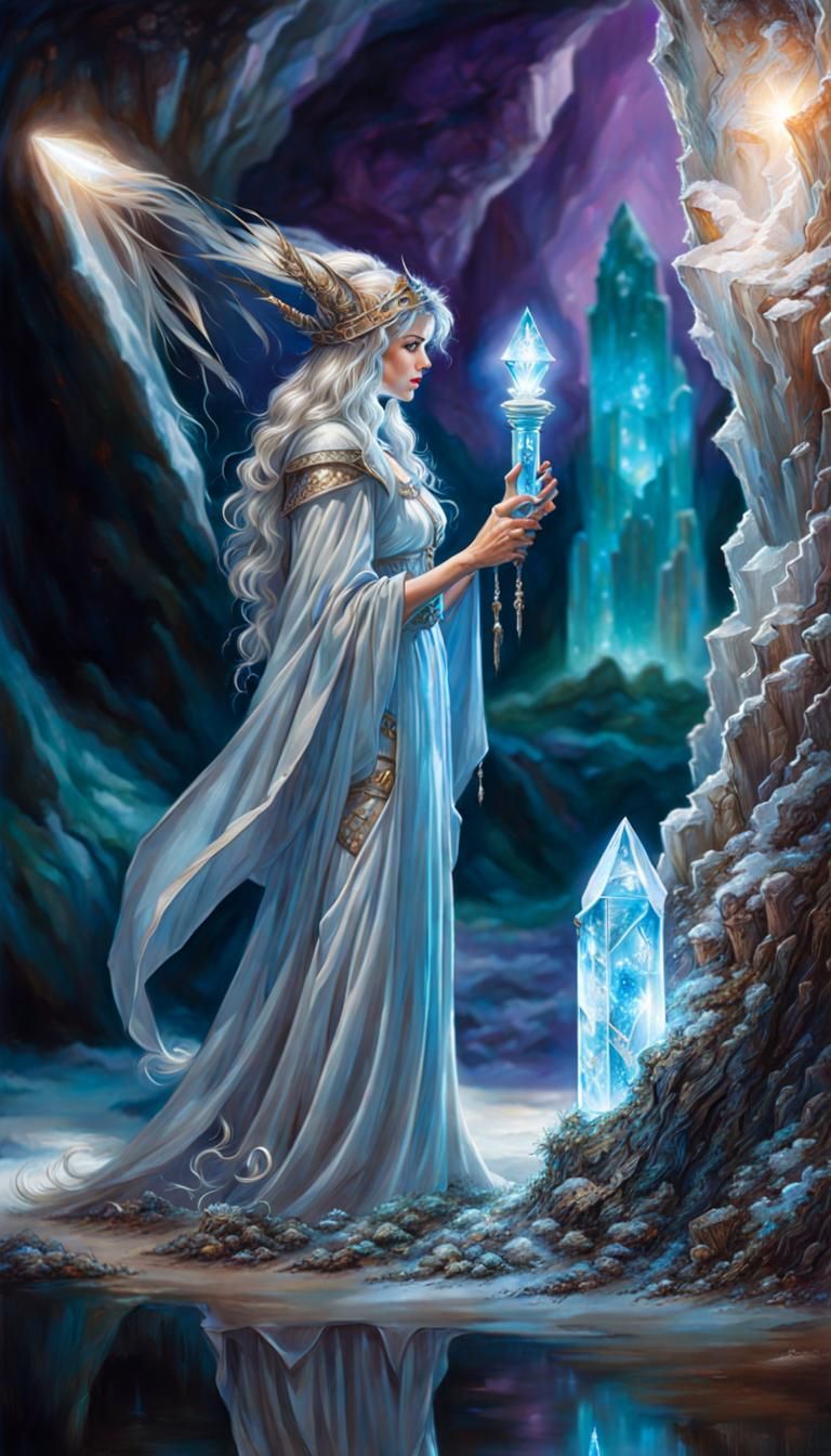 Freckled Wizard Examines Crystal Pillar in Cave