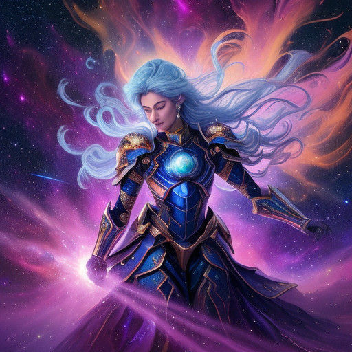 Ethereal Holy Warrior Maiden in Vibrant Space Landscape