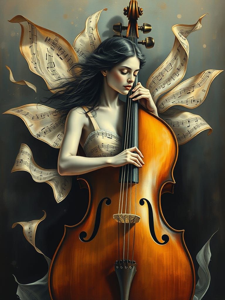 Surreal Cello Woman in Dreamlike Chiaroscuro