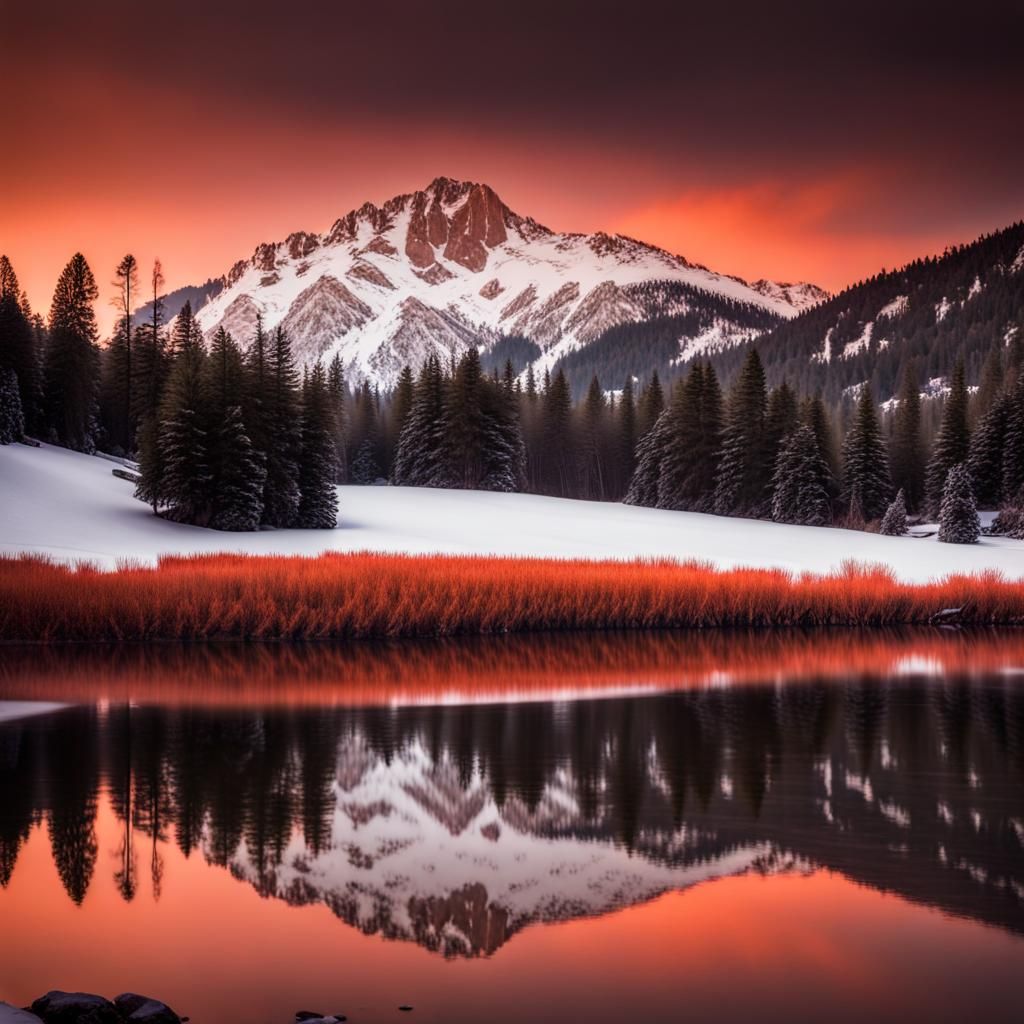 Lake Reflecting Snow Mountain in Photorealistic Style