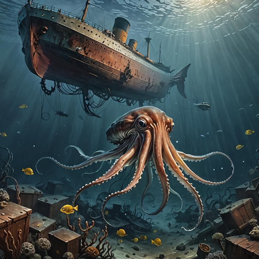 Giant Squid at Titanic Wreck in Photorealistic Oil Painting