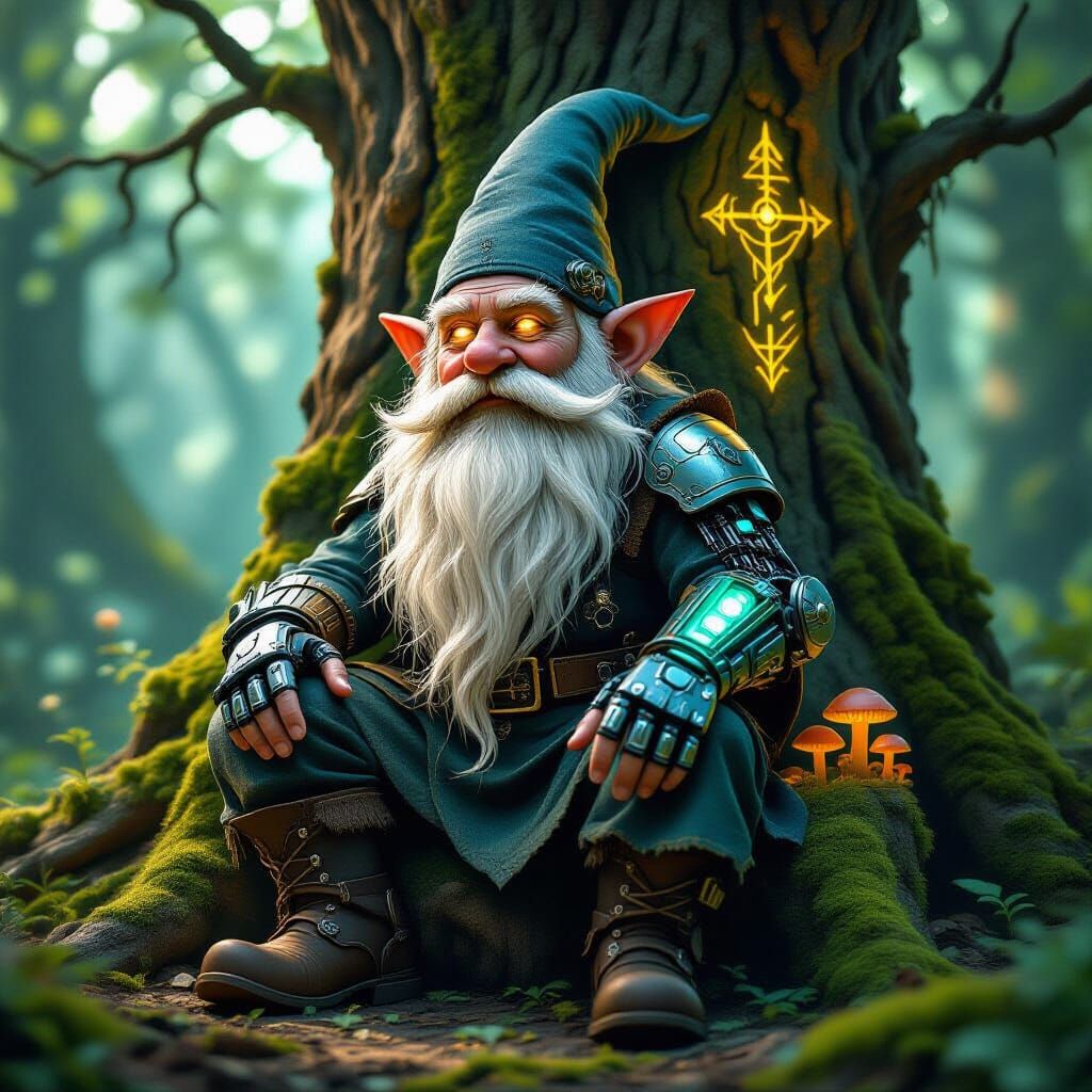 Biomechanical Gnome in Mystical Forest