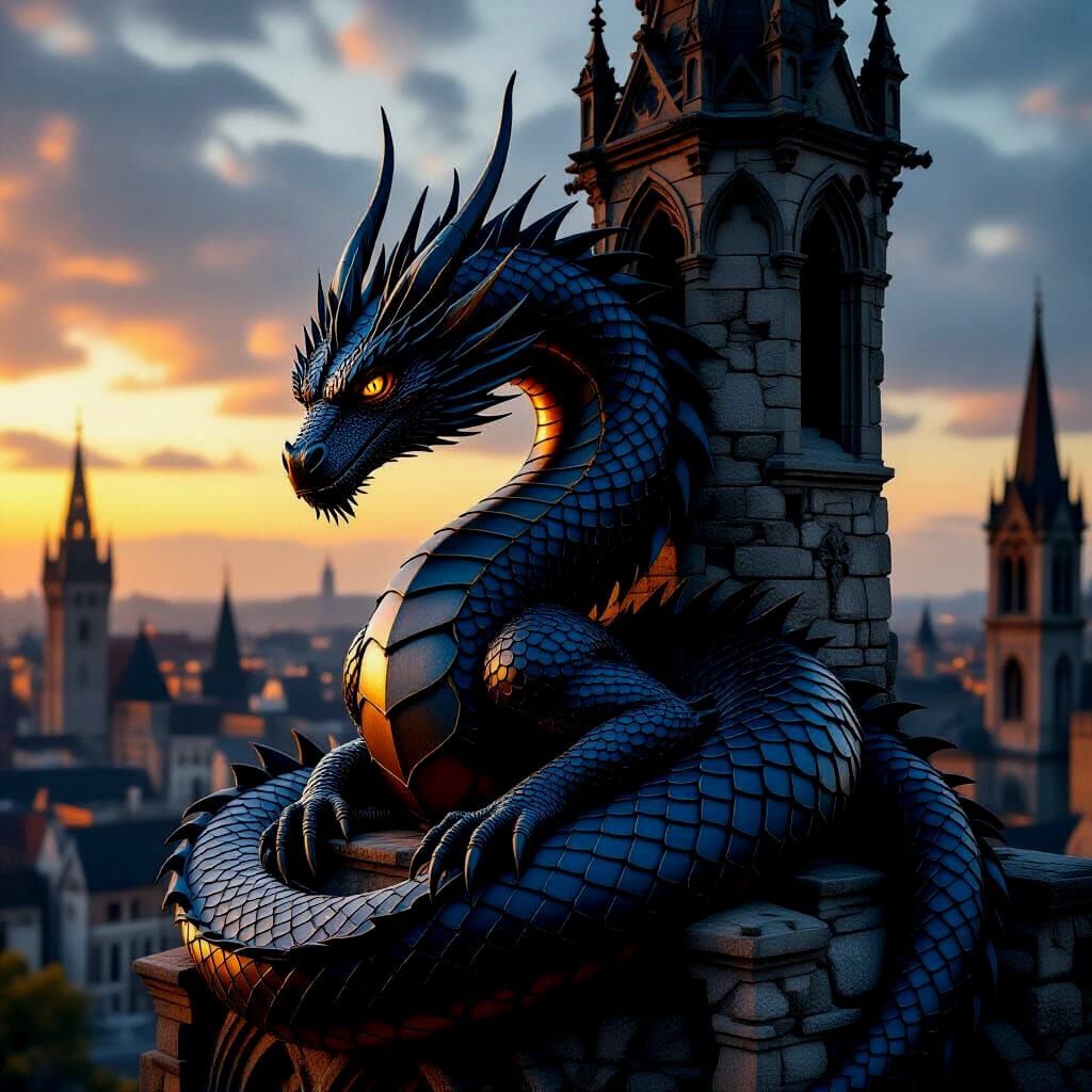 Majestic Obsidian Dragon Guards Gothic Tower