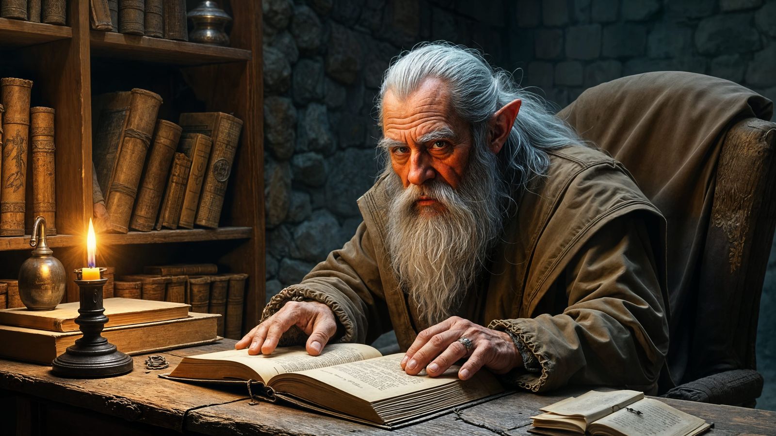 Dwarf Studying Ancient Tome in Medieval Library