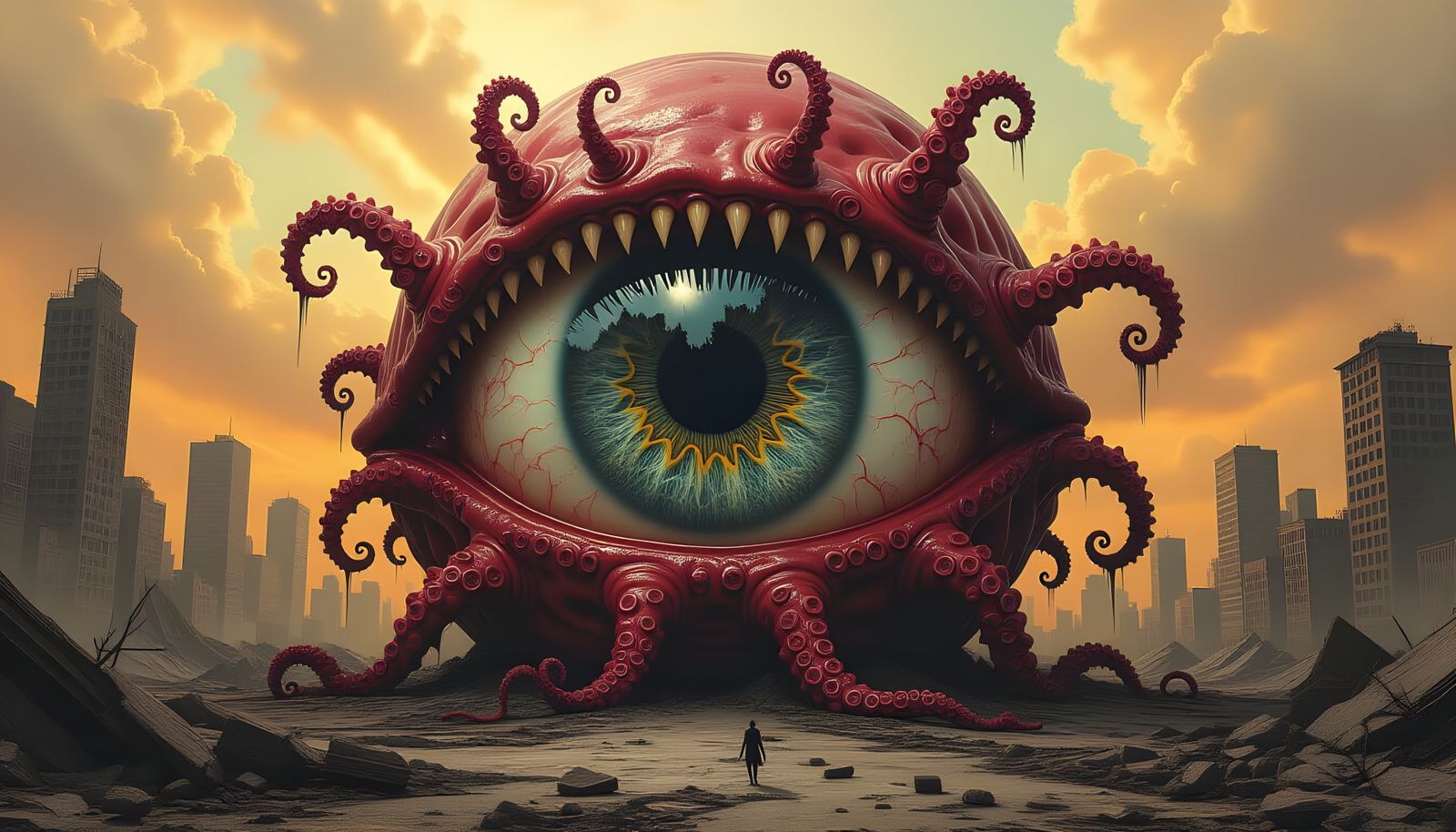 Colossal Eyeball with Tentacles Over Cityscape