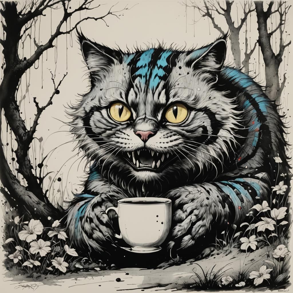 Ink Drawing of Cheshire Cat, Selective Color Art