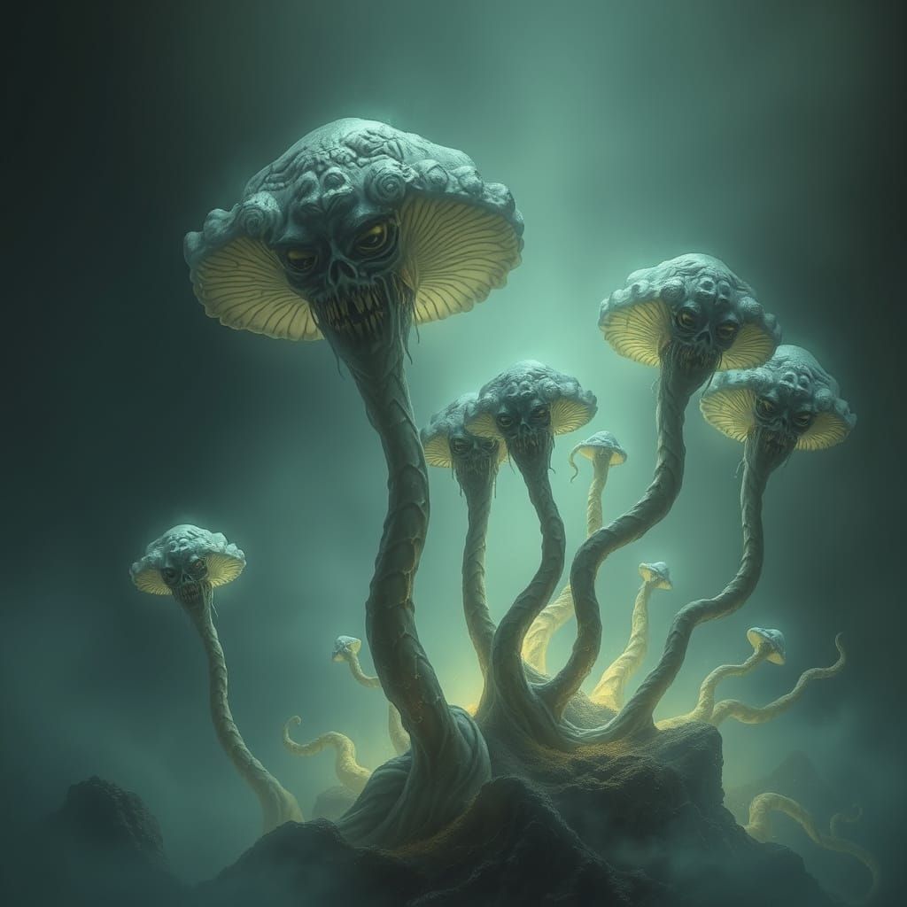 Lovecraftian Fungi in Dark, Atmospheric Illustration