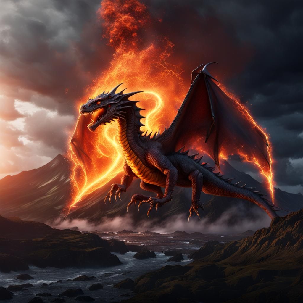 Fantasy Dragon Erupts from Lightning Over Volcano