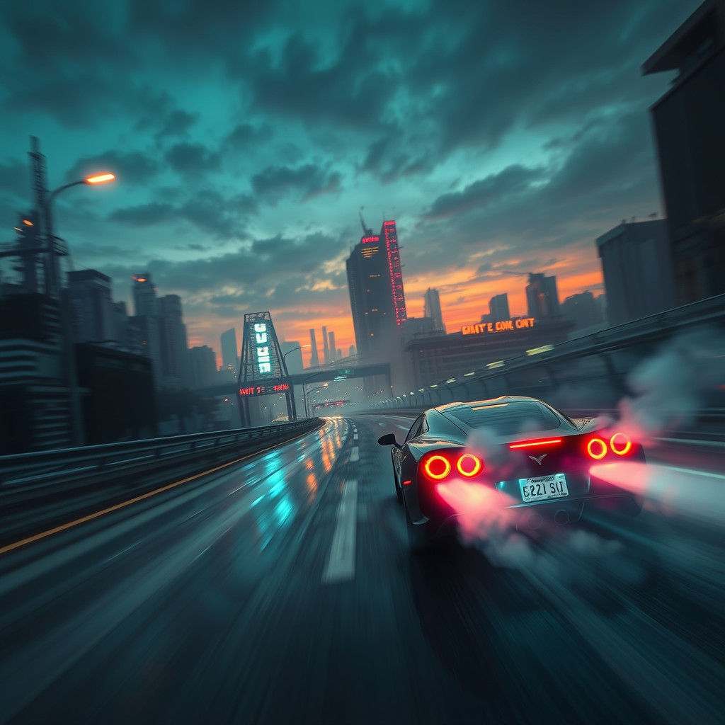 Futuristic Neon-Noir Sports Car on Urban Highway