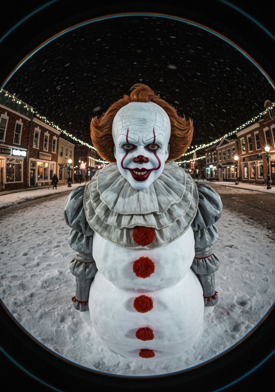 Pennywise Snowman in Festive Town Square at Night