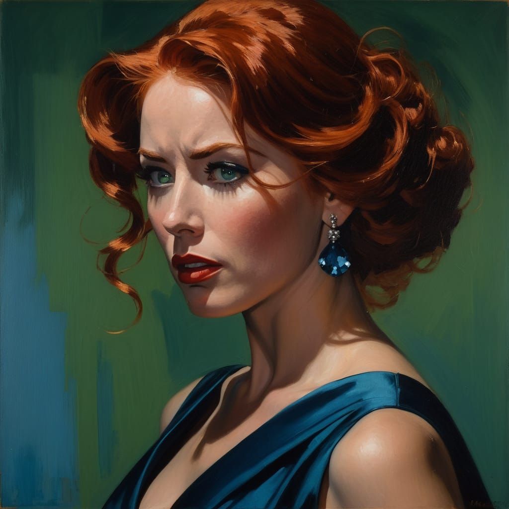 Ominous Portrait of Red-Haired Woman in Film Noir Style