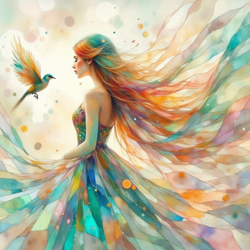 Ethereal Woman with Rainbow Hair and Iridescent Gown