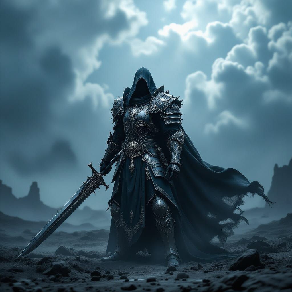 Warrior in Ornate Gothic Armor on Desolate Battlefield