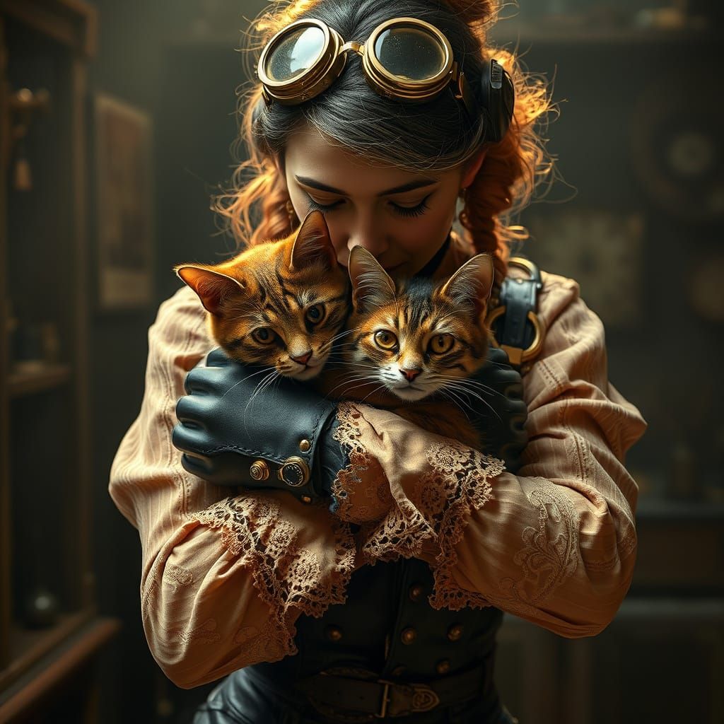 Steampunk Engineer and Her Cybernetic Cat in Golden Light
