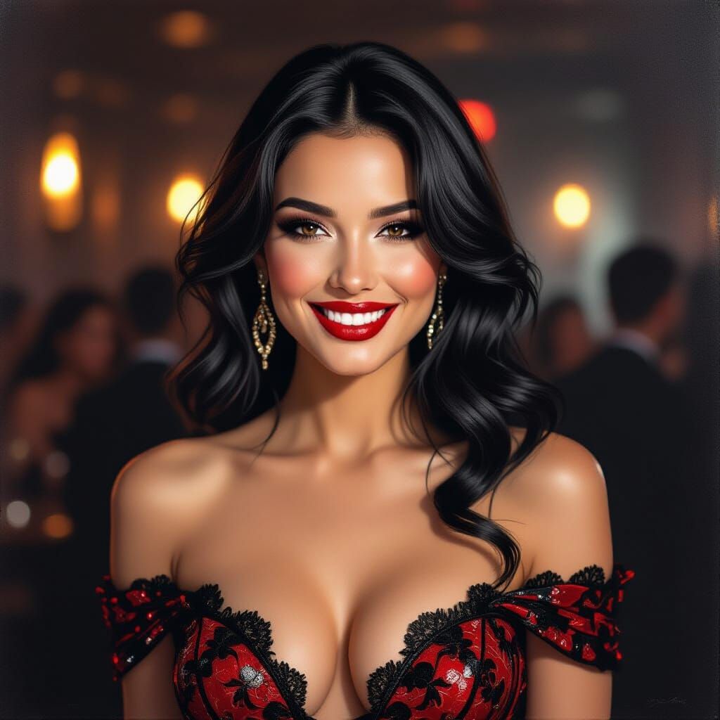 Beautiful Woman in Red and Black Evening Dress at Oslo Night...