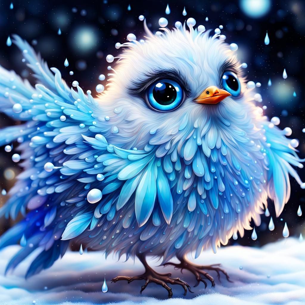 Cute Blue Bird with Water Droplets