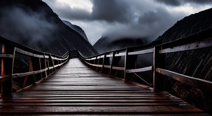 Sinister Wooden Bridge Over Mountain Chasm