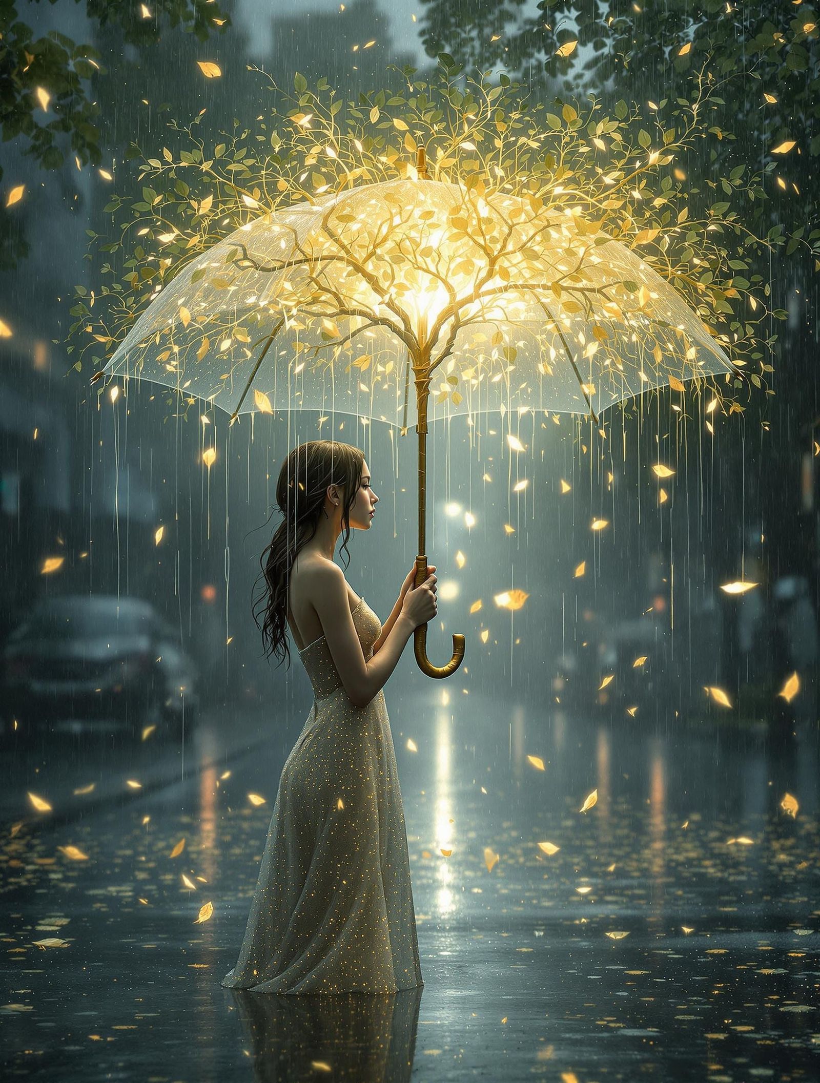 Surreal Rain Goddess Under Luminous Tree Canopy