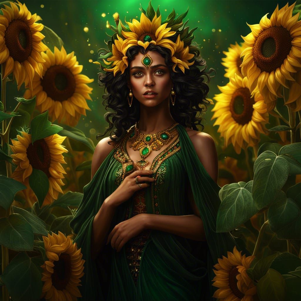 Sunflower Goddess in Emerald and Gold