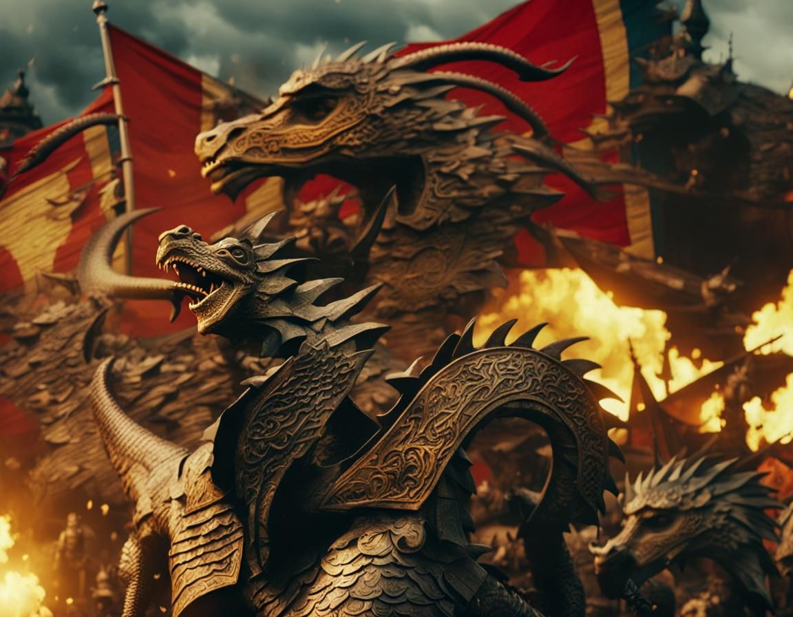Epic Medieval Battle with Dragons and Flags