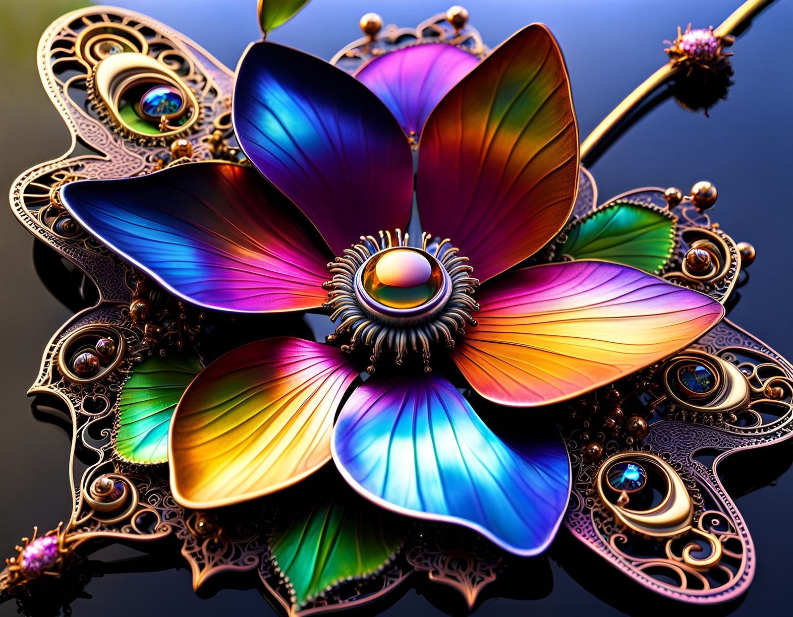 Iridescent Metal Butterfly on Passion Flower