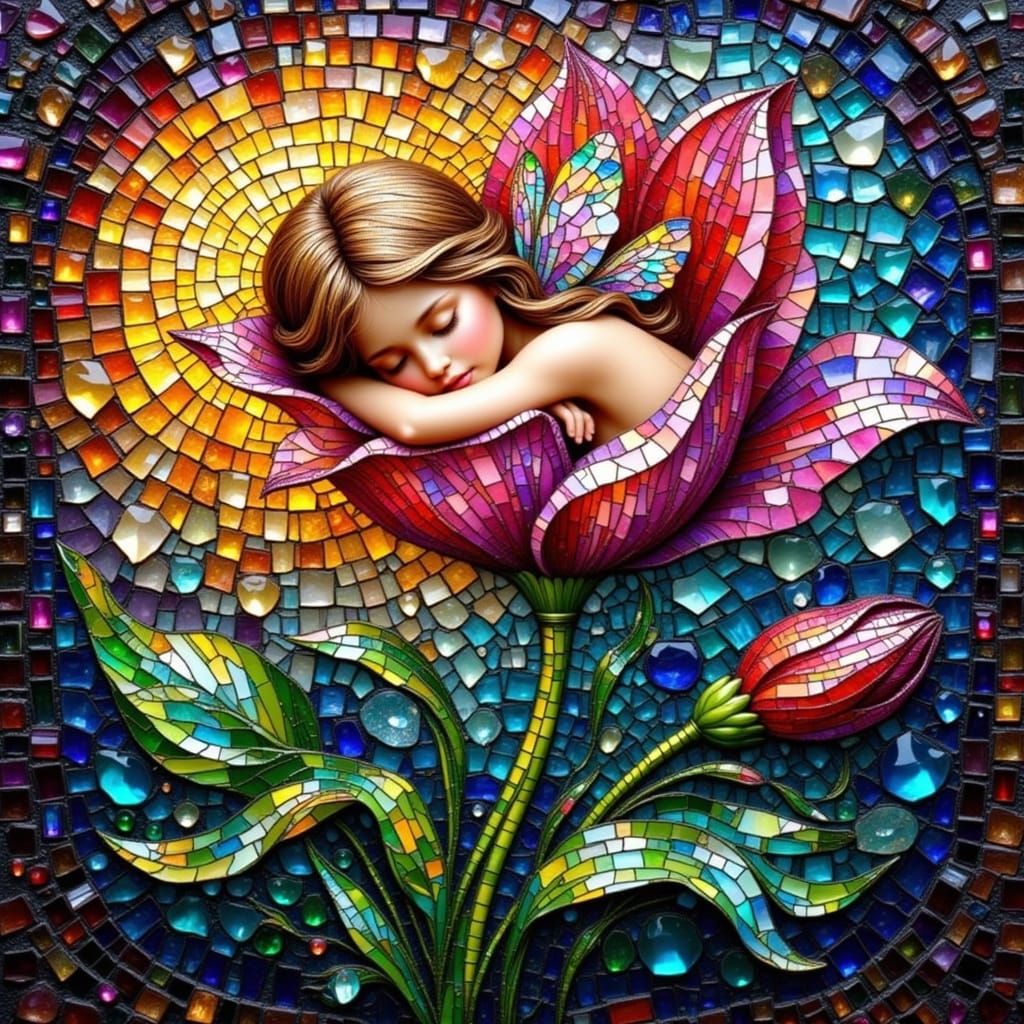 Mosaic Fairy Sleeping in Tulip Petals