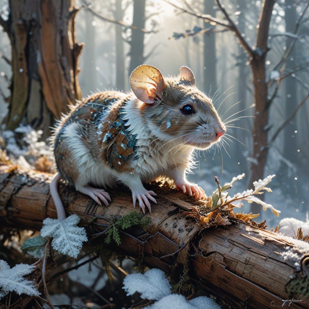 Luminous Mouse in Snowy Forest, Pre-Raphaelite Style