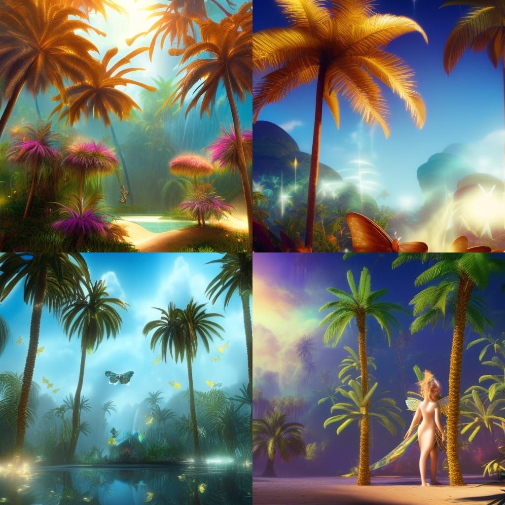 Golden Butterfly Fairies Among Palm Trees