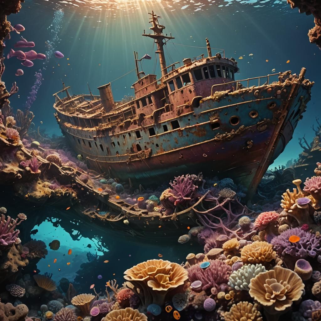 Coral Shipwreck: Hyperrealistic Ocean Film Still